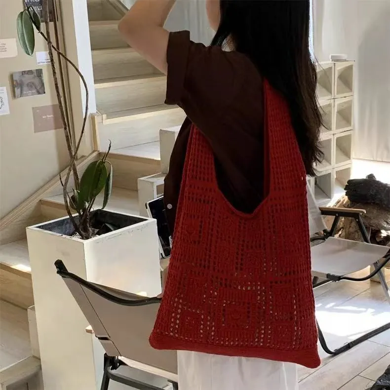 Women Knitted Shoulder Bag Crochet Hollow Out Geometric Pattern Large Capacity Casual Boho Tote Vacation