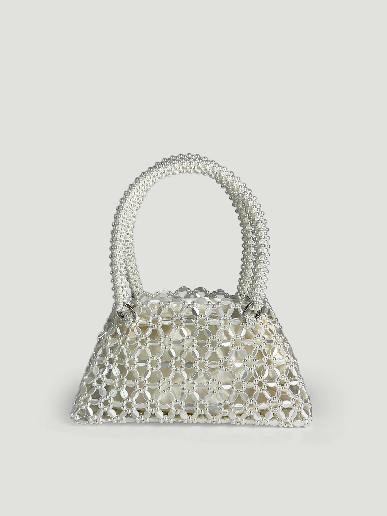 Handmade Woven Beaded Artificial Pearl Handbag Vintage Flower Hollow Out Tote Bag With Top Handle For Women Evening Party