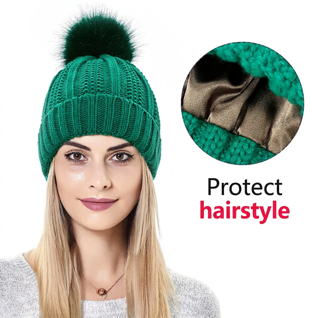 Women Winter Knit Beanie Hat With Satin Lining And Faux Fur Pom Pom Warm Windproof Elastic Hairstyle Protection
