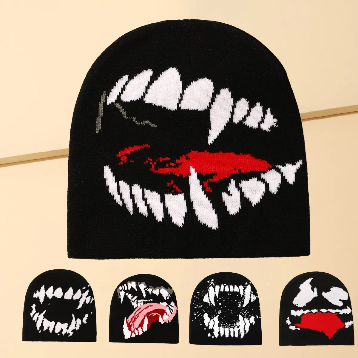 Acrylic Knit Beanie Hat For Men Women Fashion Streetwear Monster Mouth Fangs Pattern Printed Winter Warm Skull Cap