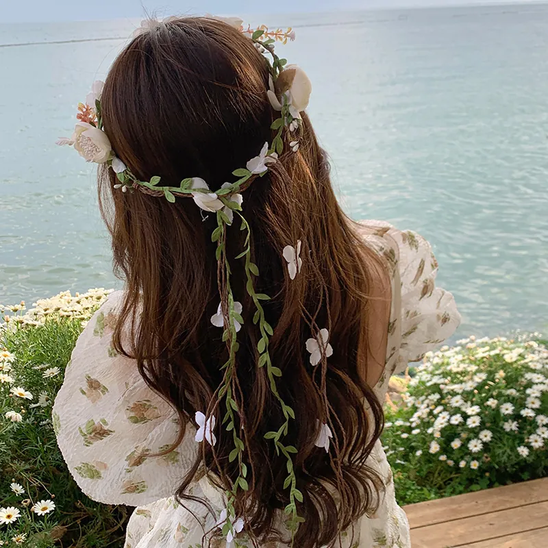 Artificial Flower Crown Headband Satin Floral Wreath With Green Leaves Butterfly Forest Mori Style Bridal Wedding Photography