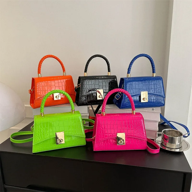 Women Croc Embossed PU Leather Handbag With Braided Handle And Golden Lock Small Crossbody Square Bag