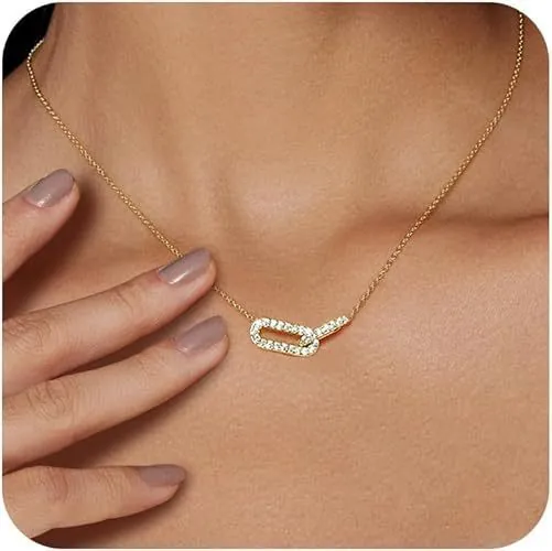 Interlocking Double Ring Zircon Pendant Necklace Stainless Steel Chain Elegant Minimalist Jewelry Gift For Women
