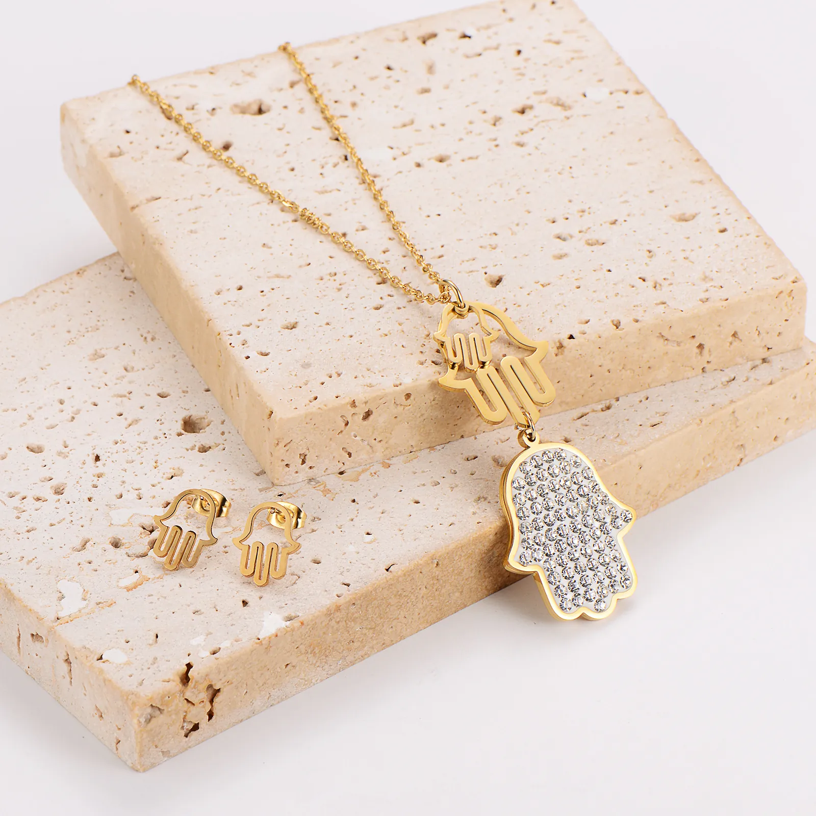 Hamsa Hand Halskette Und Ohrringe 304 Edelstahl 18K Vergoldet Strass Fatima Hand Religiöser Schmuck Für Frauen