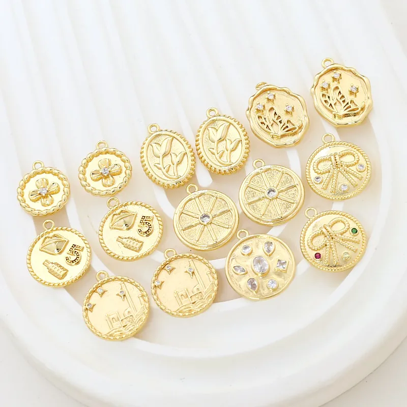 Vintage Gold Plated Copper Charms With Cubic Zirconia For DIY Jewelry Making Embossed Butterfly Flower Bow Accessories