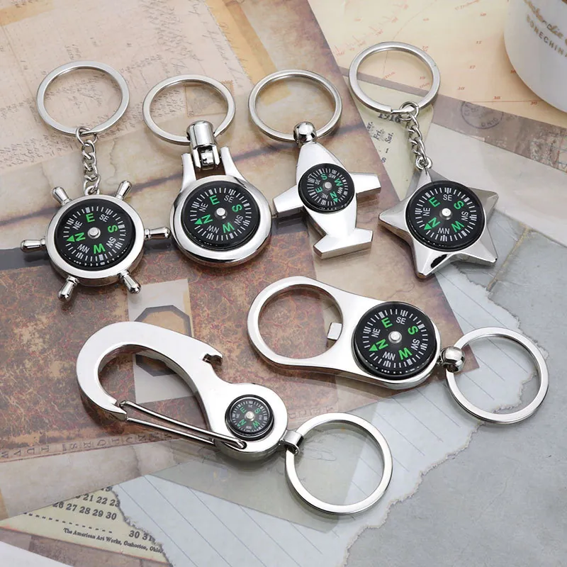 Compass Keychain Zinc Alloy Multifunctional Portable Bottle Opener For Outdoor Hiking Sports Star Plane Rudder Gift