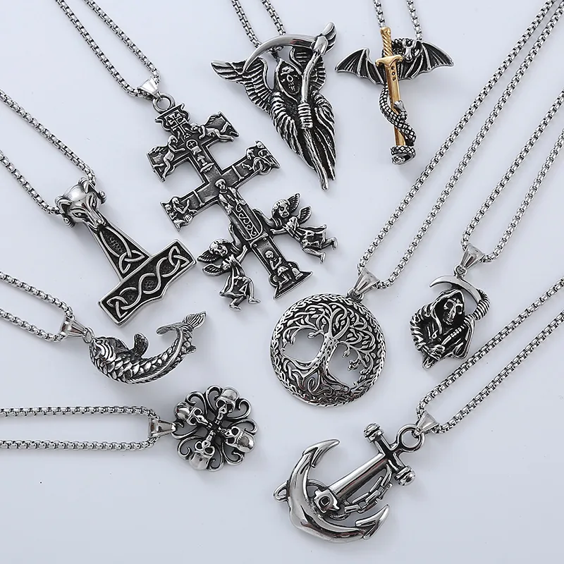 Vintage Gothic Pendant Necklace 304 Stainless Steel Hip Hop Punk Grim Reaper Cross Anchor Jewelry For Men
