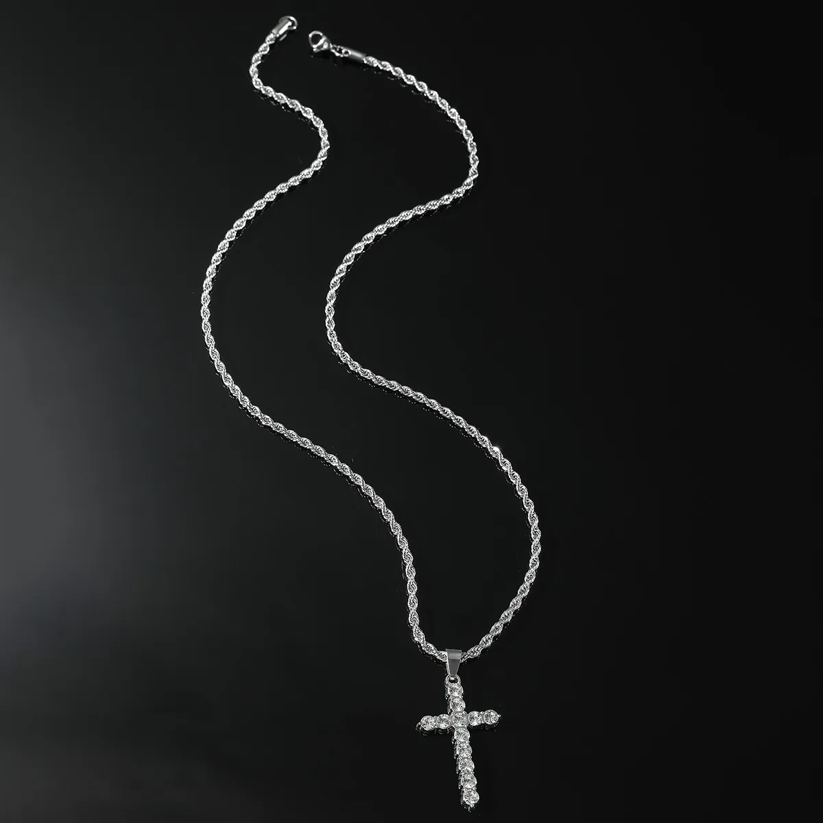 Cross Pendant Necklace Zinc Alloy Stainless Steel Rope Chain Rhinestone Hip Hop Streetwear Jewelry For Men