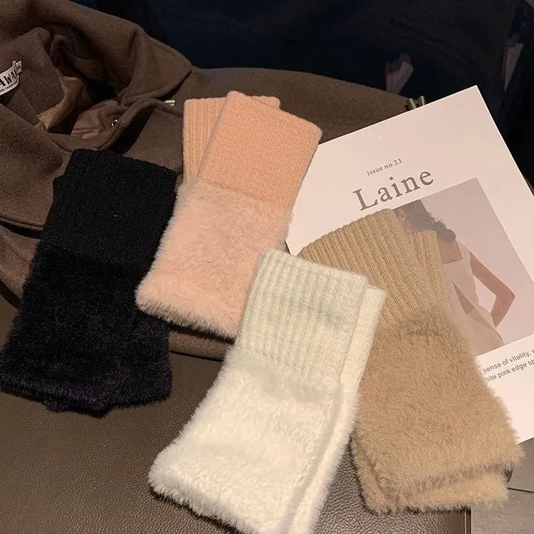 Gants en Peluche à Demi-Doigts pour Femmes Fil à Tricoter Fourrure Artificielle Patchwork Mitaines sans Doigts Automne Hiver Chauffe-Bras