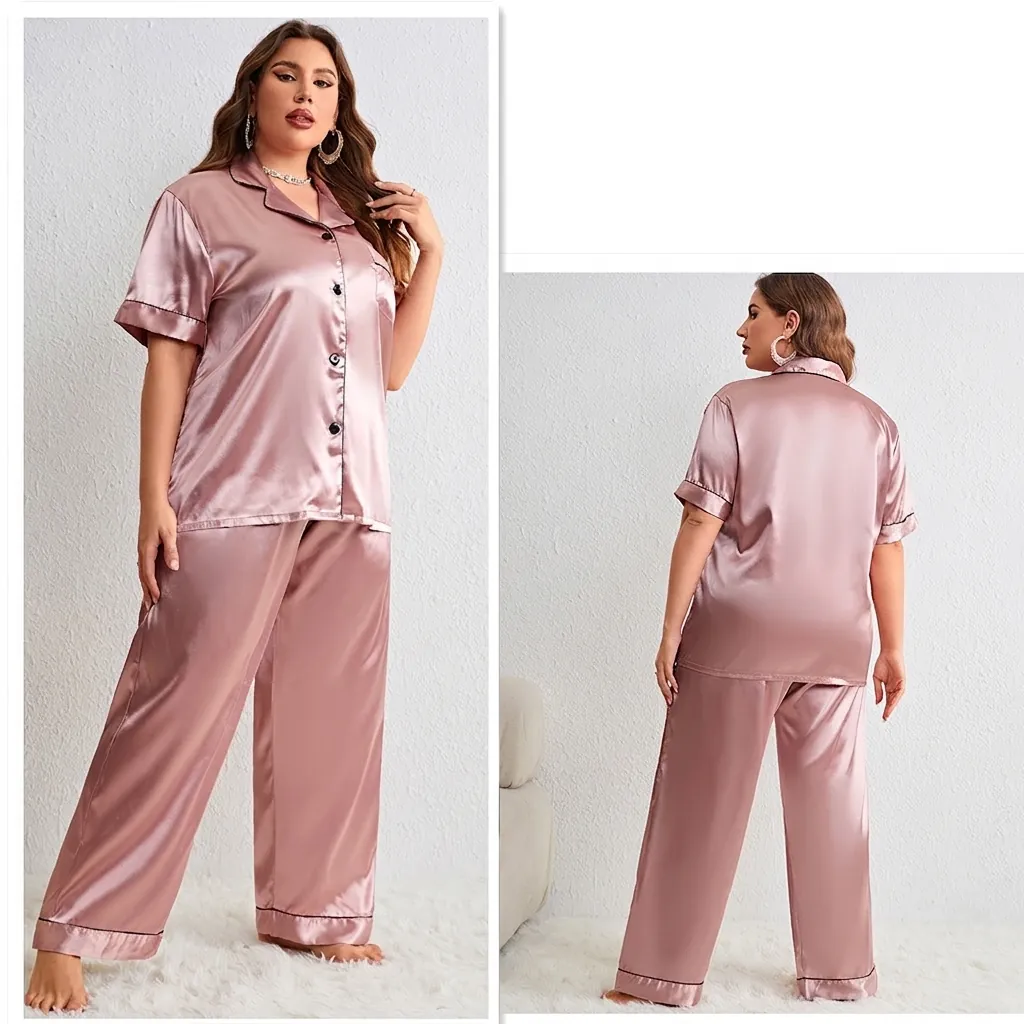 Women Plus Size Satin Pajamas Set V Neck Short Sleeve Top And Bottom Contrast Piping Minimalist Casual Sleepwear Home Wear