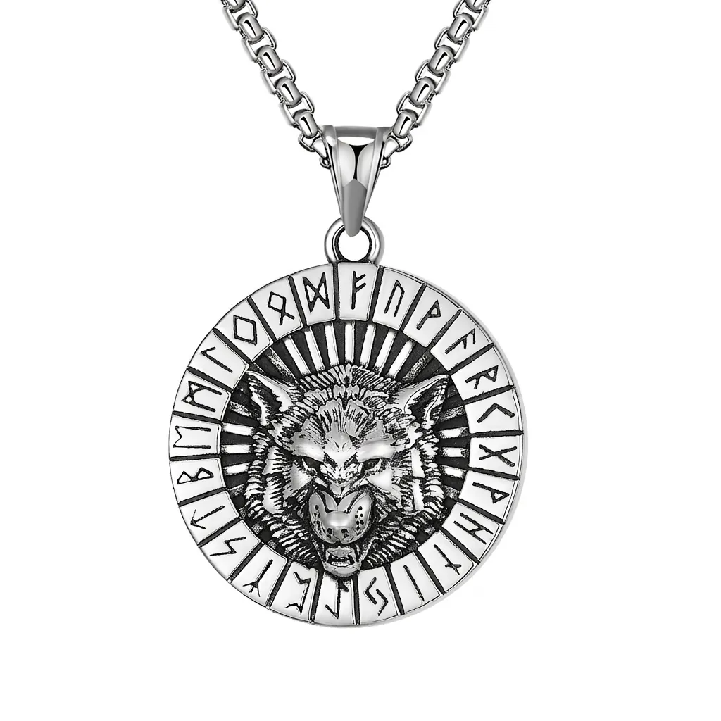 Viking Wolf Head Pendant Necklace Stainless Steel Nordic Runes Retro Gothic Amulet Jewelry For Men Hip Hop Box Chain