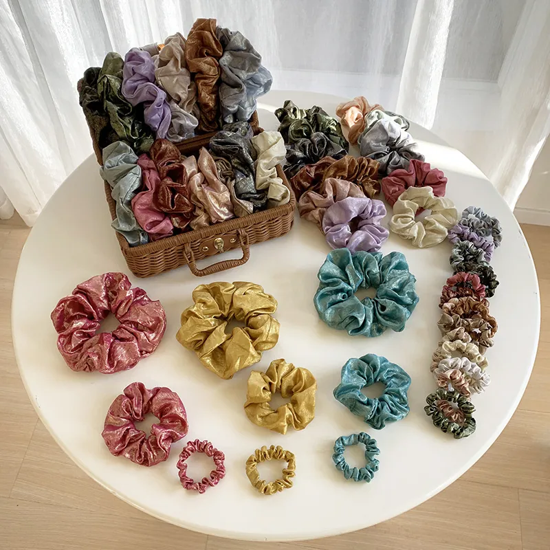 Shiny Metallic Luster Scrunchies Retro Pleated Elastic Hair Ties French Style Elegant Ponytail Holders Accessories For Women