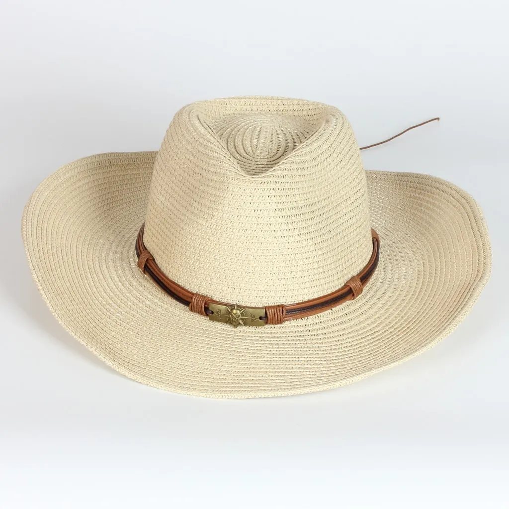 Straw Cowboy Hat Wide Brim Western Summer Beach Sun Protection With Leather Band And Metal Decor