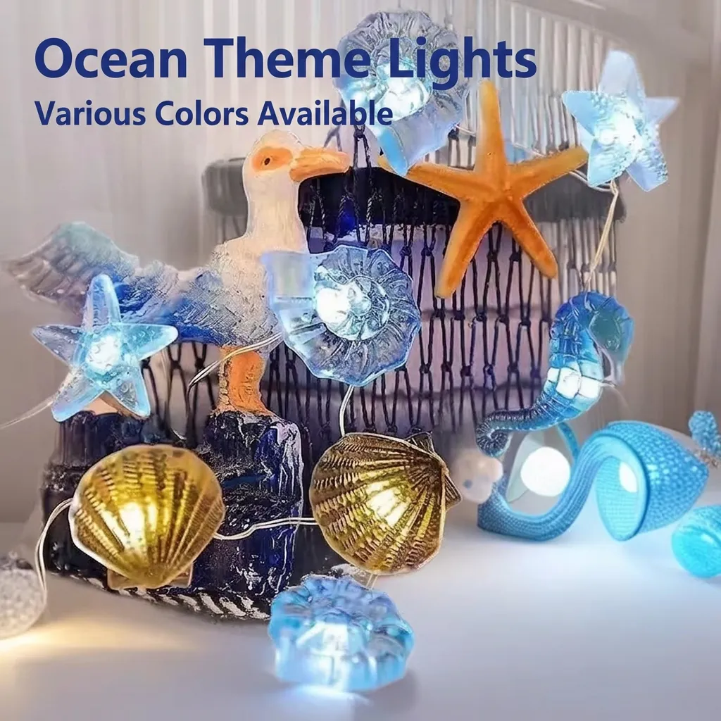LED String Lights Ocean Marine Theme Starfish Seahorse Shell Plastic Copper Wire For Home Party Bedroom Decoration