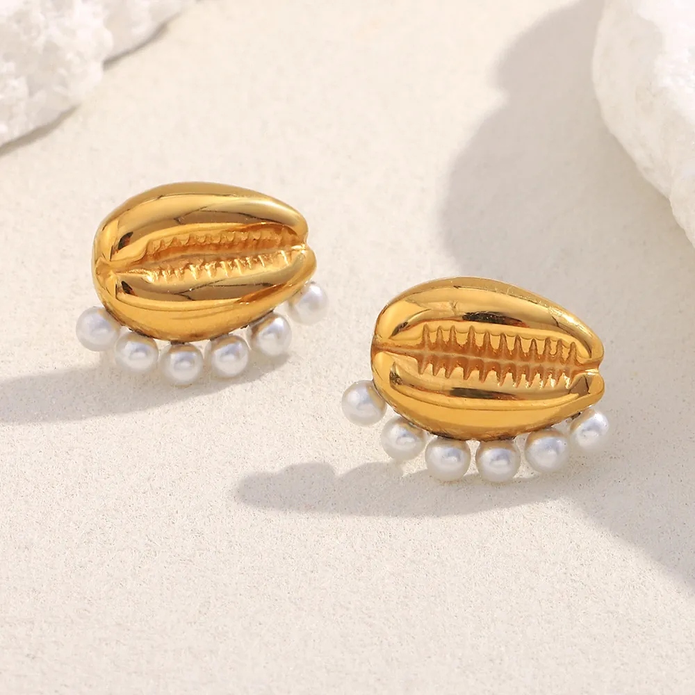 Cowrie Shell Stud Earrings 18K Gold Plated Stainless Steel Imitation Artificial Pearl Unique Design Bohemian Beach For Women