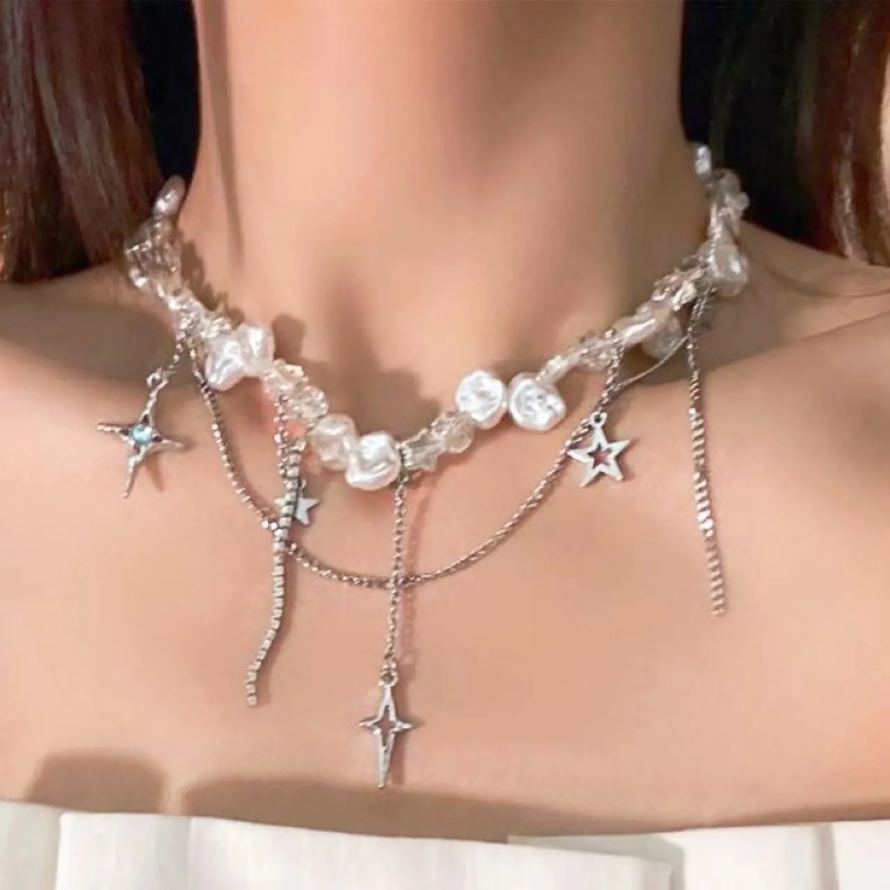 Collana Künstliche Perle Barocche Stella Nappa Lega Girocollo A Strati Gioielli Moda Y2K Per Donne
