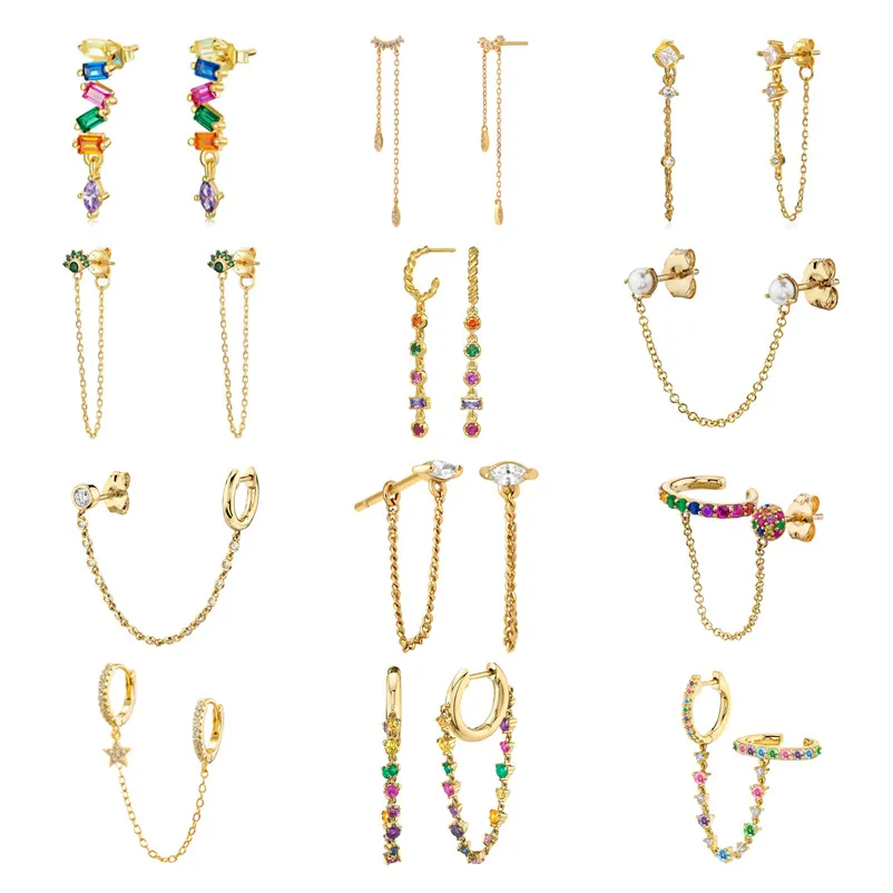 Stud Earrings For Women With 925 Sterling Silver Earring Post Zircon Rainbow Chain Copper Jewelry Elegant Fashion