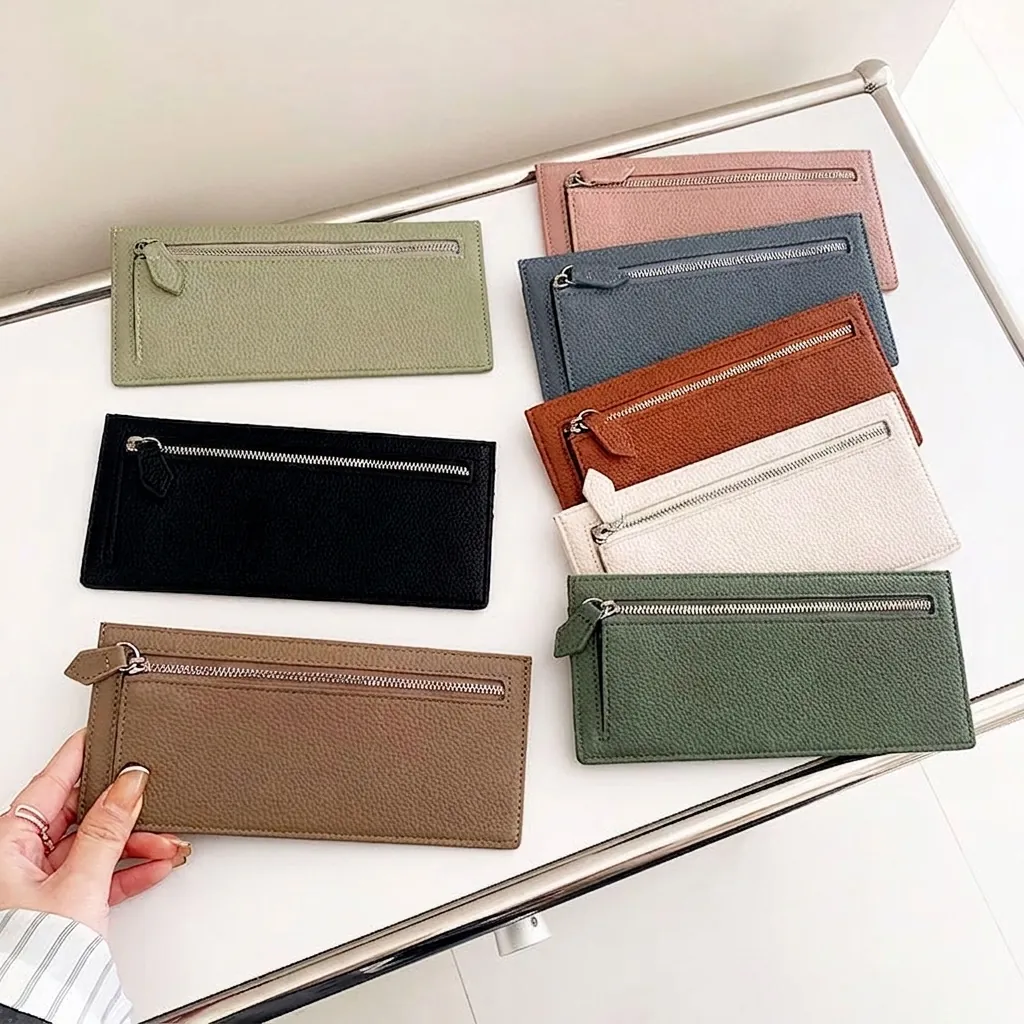 Women Long Wallet Ultra Thin Litchi Texture PU Leather Multi Card Slots Minimalist Zip Coin Purse Card Holder
