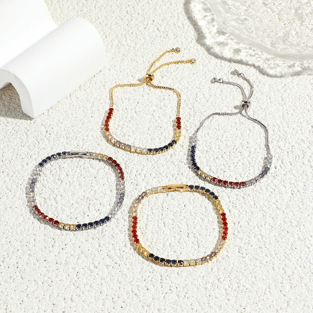 Colorful Rainbow Zircon Tennis Bracelet Gold Silver Plated Adjustable Bolo Chain Romantic Vintage Jewelry For Women