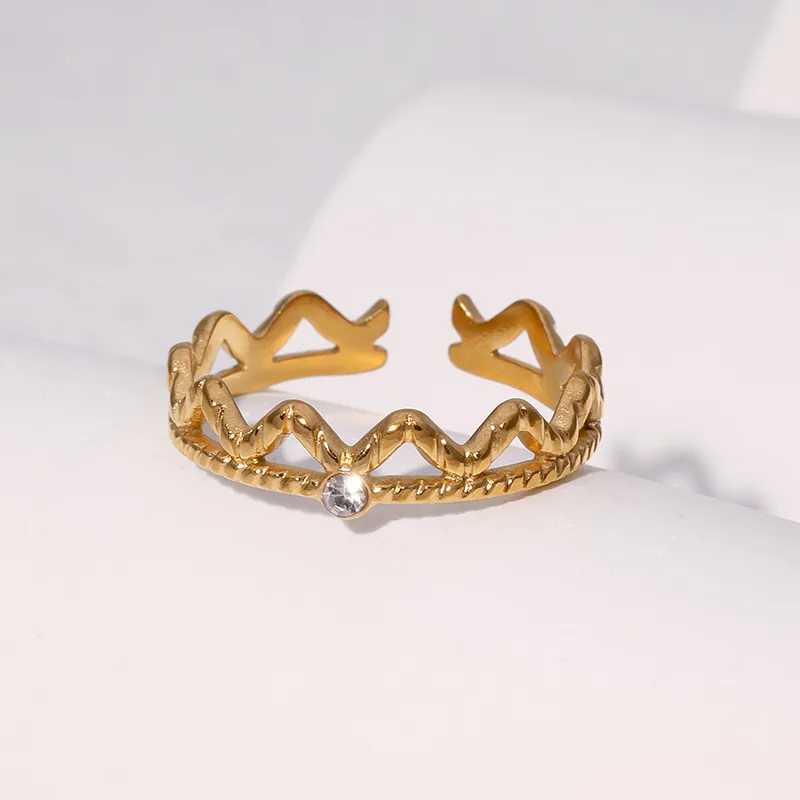 Bague Ouverte En Acier Inoxydable Forme De Vague De Couronne Réglable Zircone Cubique Simple Pour Femmes