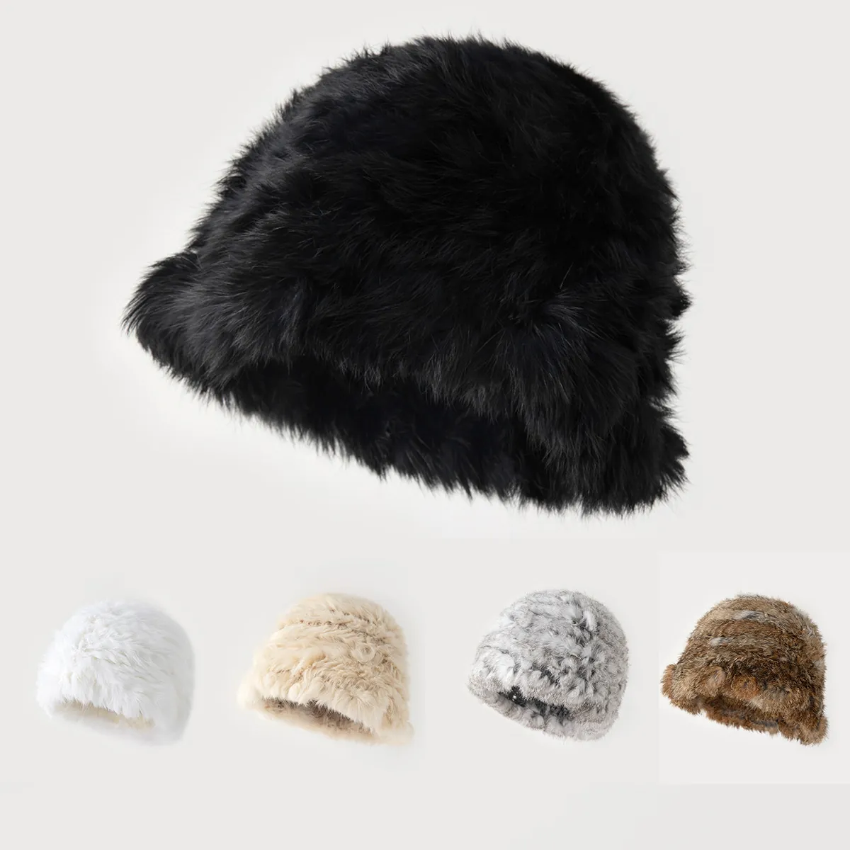 Women Winter Faux Fur Bucket Hat Warm Thick Plush Knitted Cloche Hat For Outdoor Casual Vintage Solid Color Daily Cap Accessory
