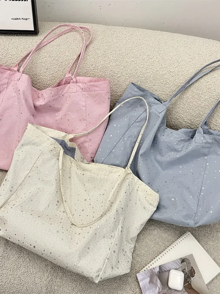 Women Sequin Star Canvas Tote Bag Large Capacity Casual Shoulder Handbag With Stripe Lining Magnetic Closure