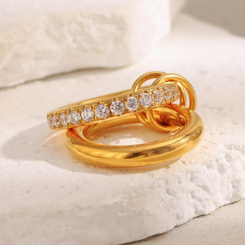 Double Layer Criss Cross Ring 18K Gold Plated Stainless Steel With Cubic Zirconia Elegant Fashion Jewelry For Women