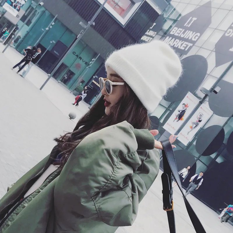 Women Winter Warm Angora Rabbit Hair Blend Knitted Beanie Hat Soft Thick Ribbed Cuff Solid Color Outdoor Casual Headwear