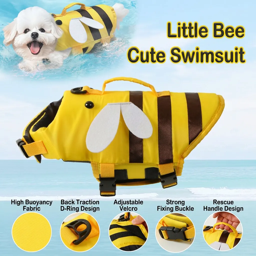 Gilet De Sauvetage Pour Animaux Haute Flottabilité Maillot De Bain Chien Avec Poignée Sécurité Réglable Tissu Oxford Design Abeille