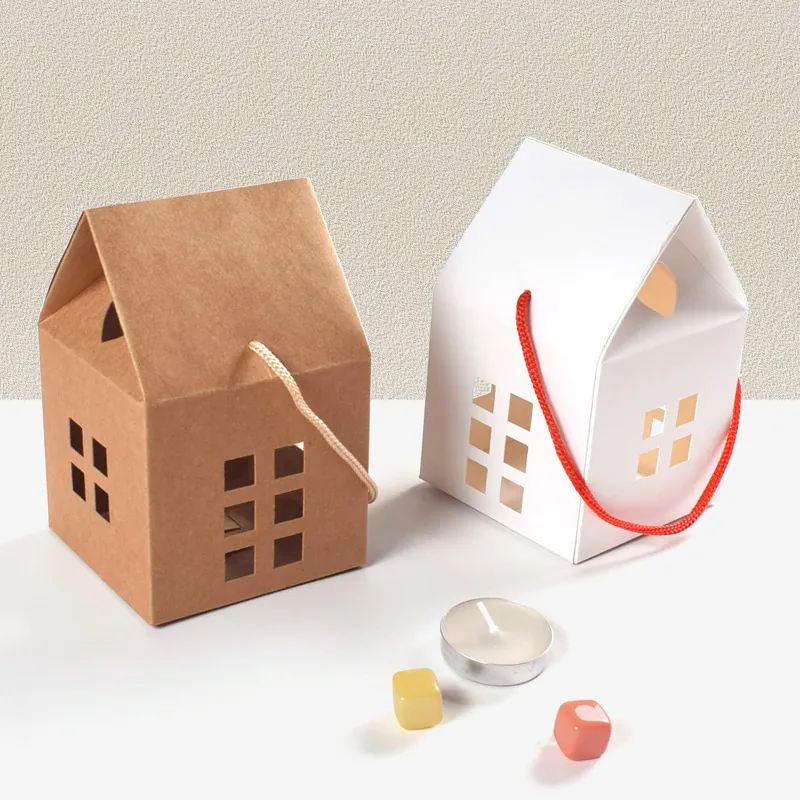 House Shaped Gift Box Kraft Paper White Cardboard Hollow Window Heart Portable Handle For Wedding Party Candy Favor Packaging