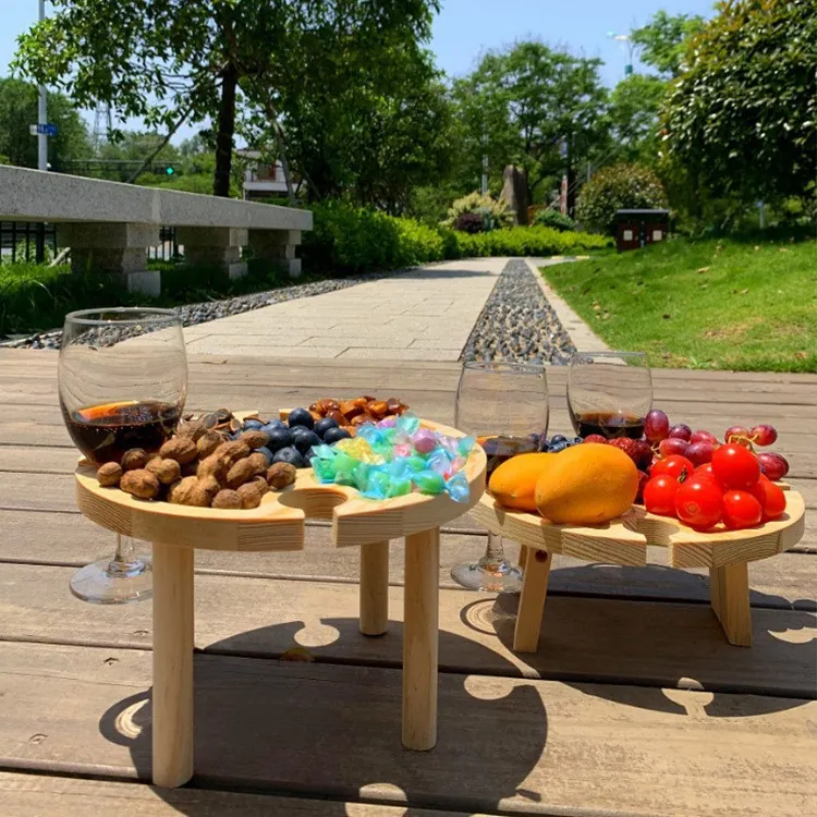 Portable Folding Picnic Table Wooden Wine Rack Tray With Glass Holder Snack Fruit Compartments For Outdoor Camping Indoor Bed