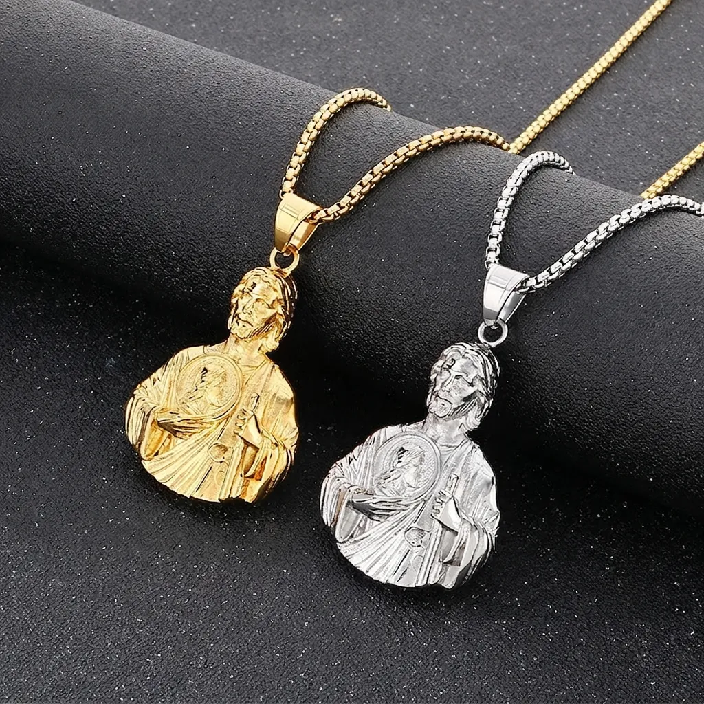St Jude Thaddeus Jesus Christ Pendant Necklace Stainless Steel Retro Religious Medallion Punk Hip Hop Jewelry For Men