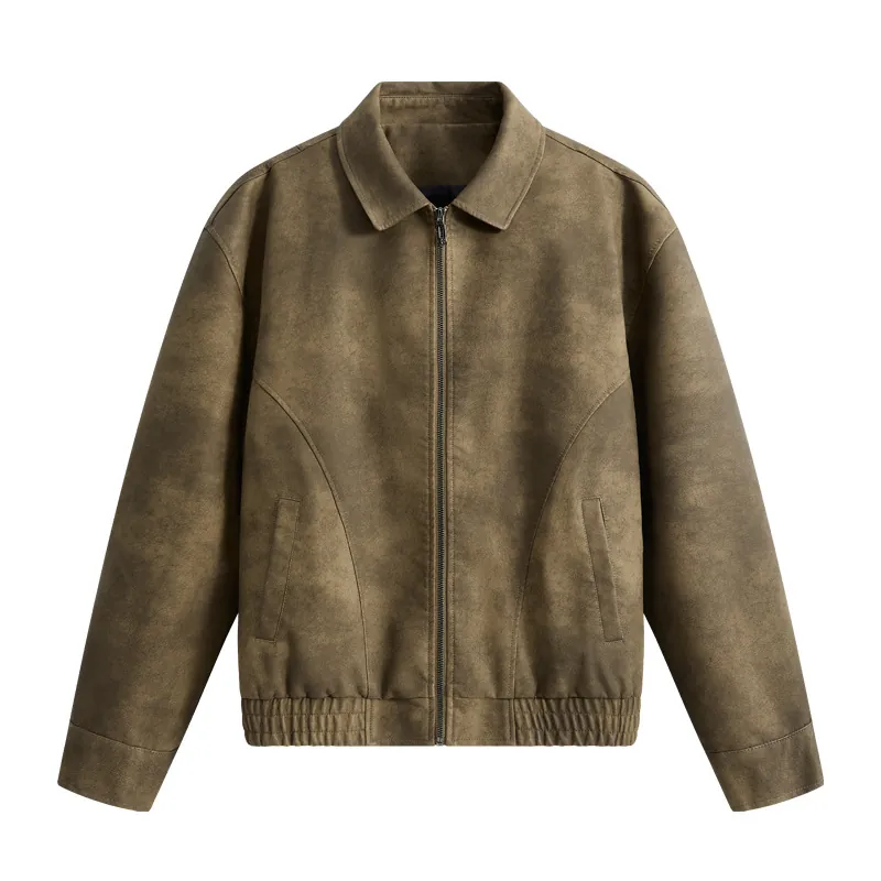 Veste Cuir PU Rétro Homme Vintage Col Revers Zip Extérieur Loose Drop Shoulder Ourlet Élastique Mode