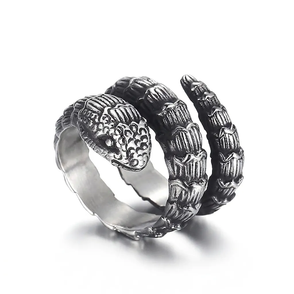 Vintage Punk Snake Wrap Ring For Men Stainless Steel Realistic Scale Texture Coiled Gothic Jewelry