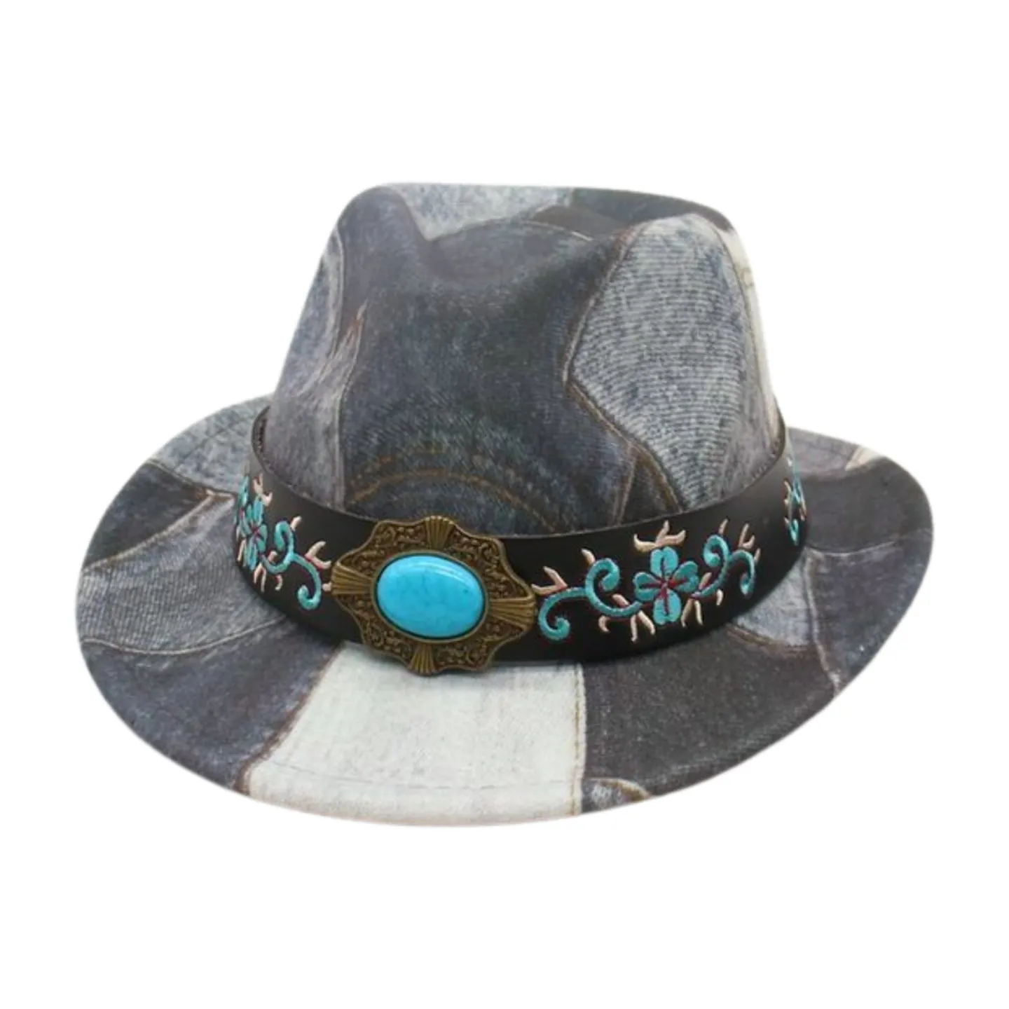 Kids Fedora Hat Denim Patchwork Cotton Polyester Sun Protection Ethnic Western Cowboy Style With Embroidery Turquoise