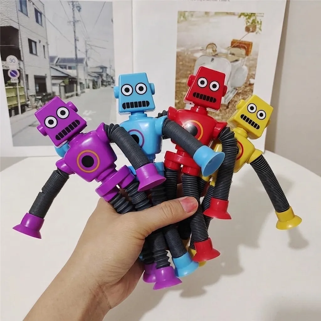 Pop Tube Robot Toy Suction Cup Telescopic Decompression Sensory Toys Plastic Colorful Flexible Novelty For Kids