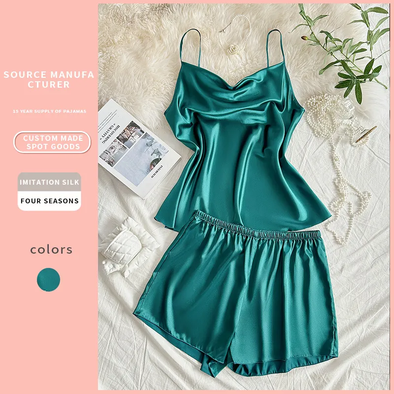 Women Plus Size Satin Pajamas Cami And Shorts Imitation Satin Sleepwear Cowl Neck Loungewear Elegant Solid Color Soft