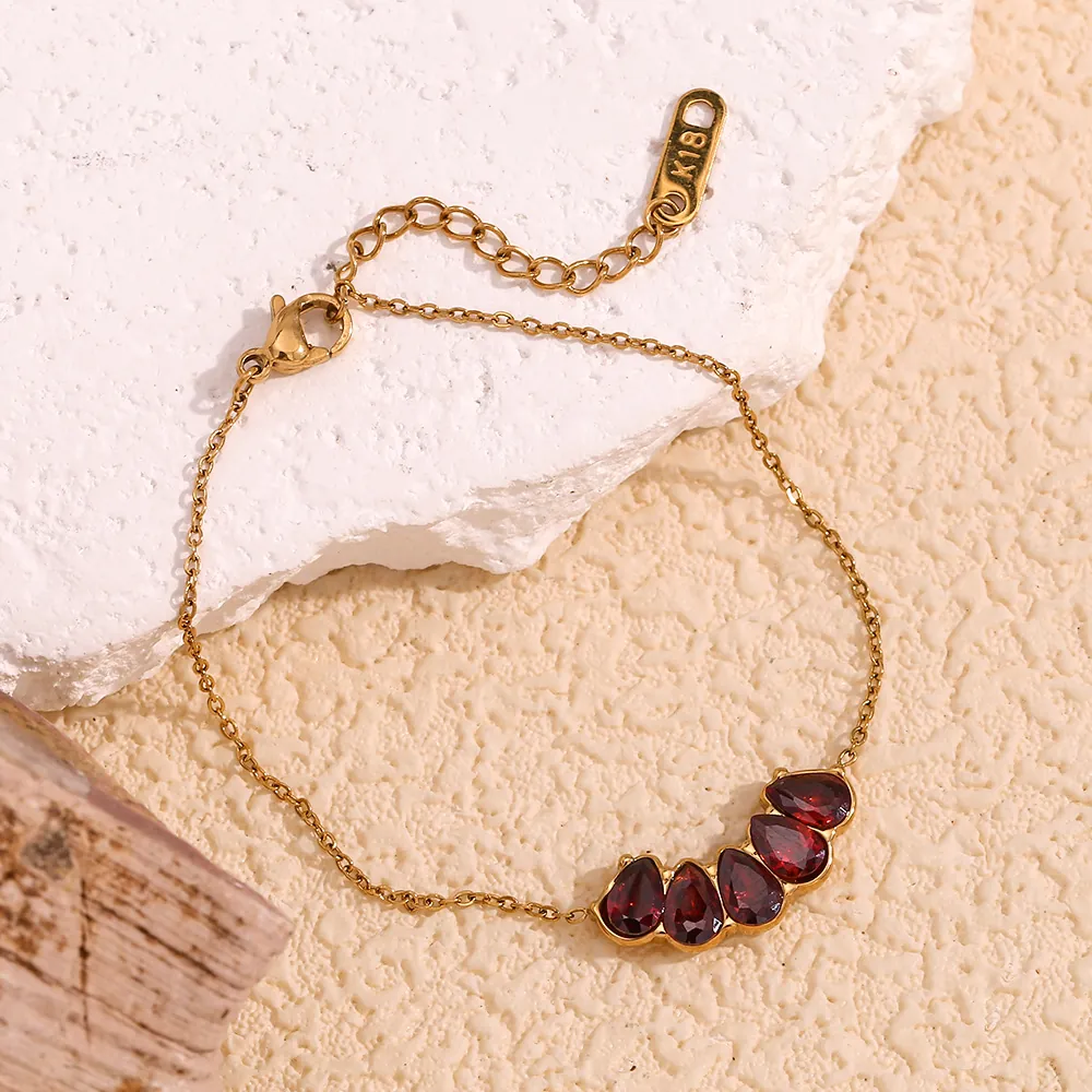 Retro Fashion Bracelet For Women 18K Gold Plated Stainless Steel With Five Red Waterdrop Gemstones Adjustable Jewelry