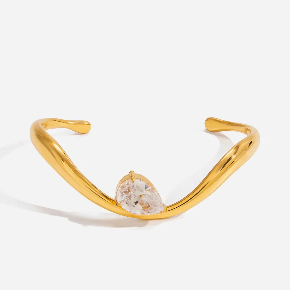 Edelstahl Wellen Manschettenarmband Mit Wassertropfen Strass Vergoldet Offener Armreif Minimalistischer Mode Schmuck Für Damen