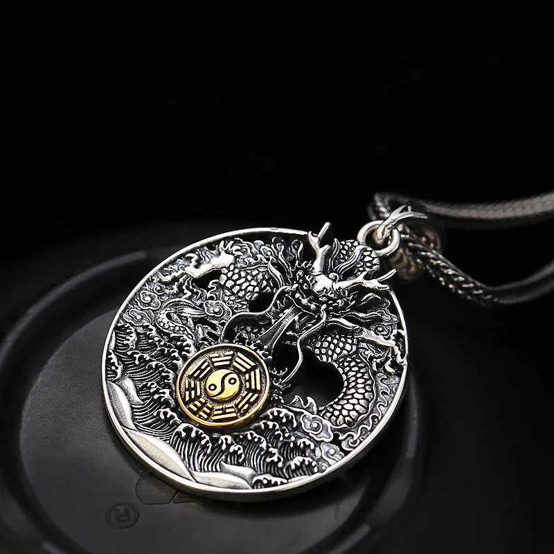 925 Sterling Silver Dragon Pendant Necklace Vintage Thai Silver Tai Chi Bagua Round Medallion Hollow Jewelry For Men Women