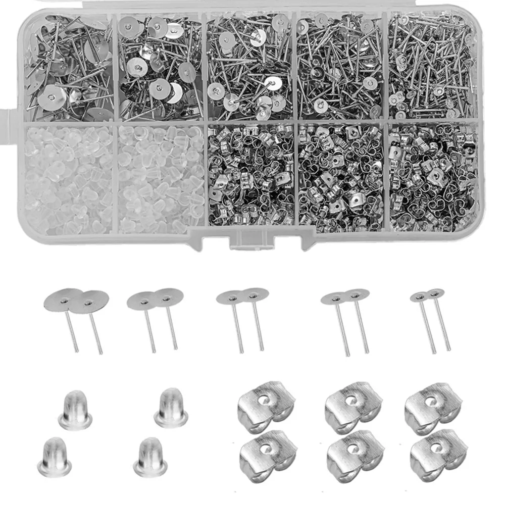 Postes De Pendientes Con Base Plana Cierres De Mariposa Y Traseras De Silicona Kit De Fabricación De Joyas DIY Caja