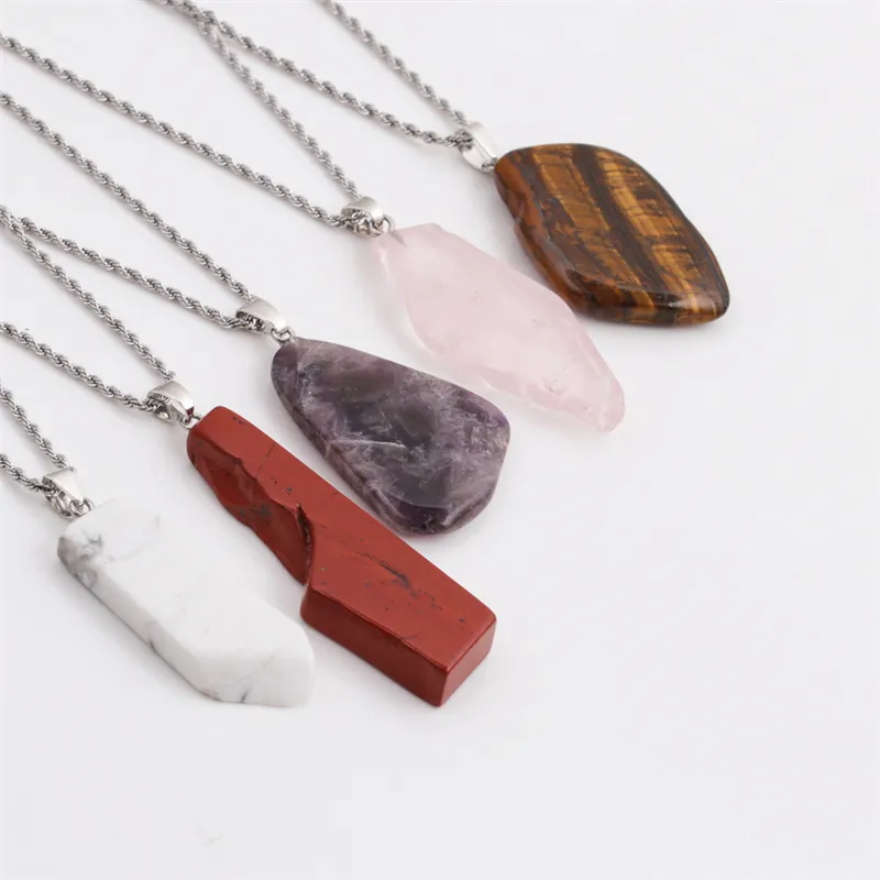 Collier Pendentif En Pierre De Cristal Naturel Géométrique Irrégulier Chaîne Torsadée En Acier Inoxydable Bijoux