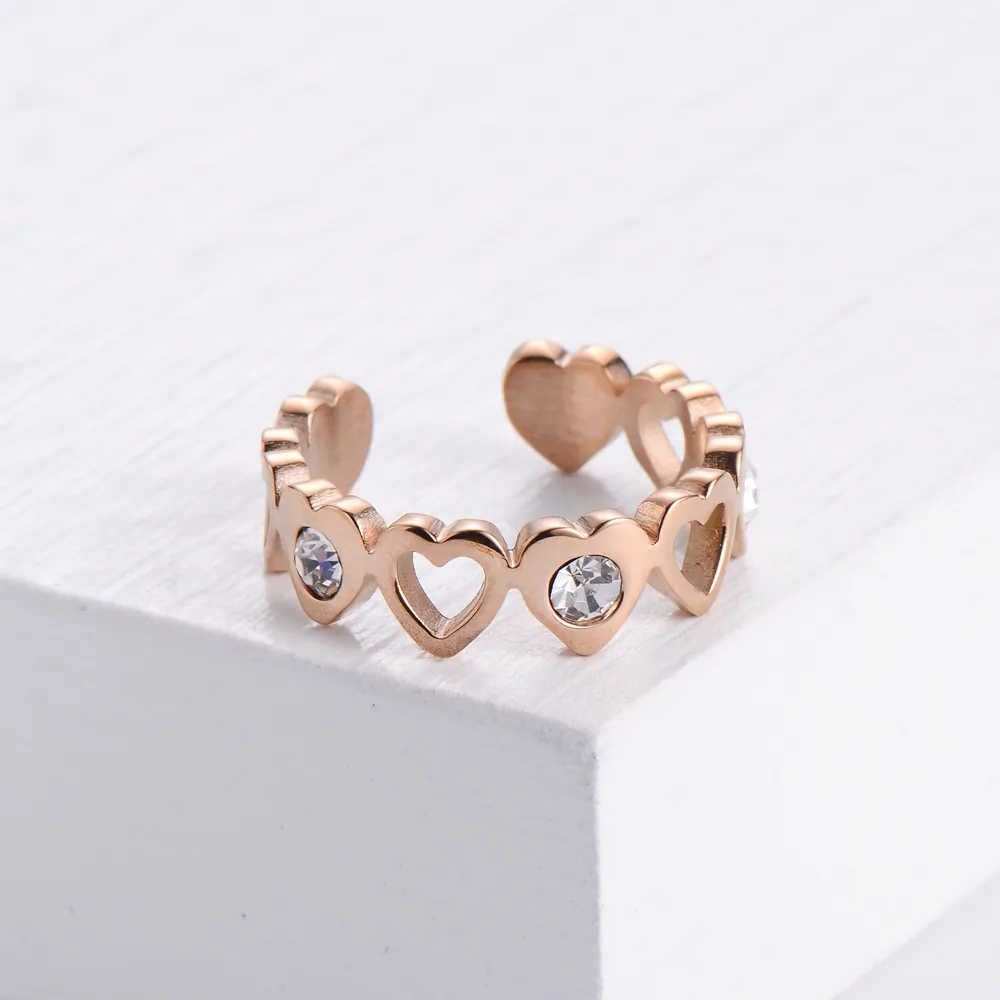 Heart Hollow Out Ring 304 Stainless Steel With Zircon Rhinestone Open Adjustable Fashion Jewelry For Women