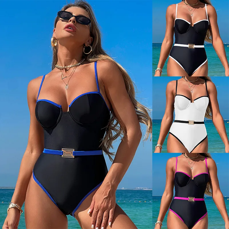Maillot De Bain Une Pièce Pour Femme Avec Liseré Contrasté Et Ceinture À Boucle Dorée Monokini Amincissant Élégant