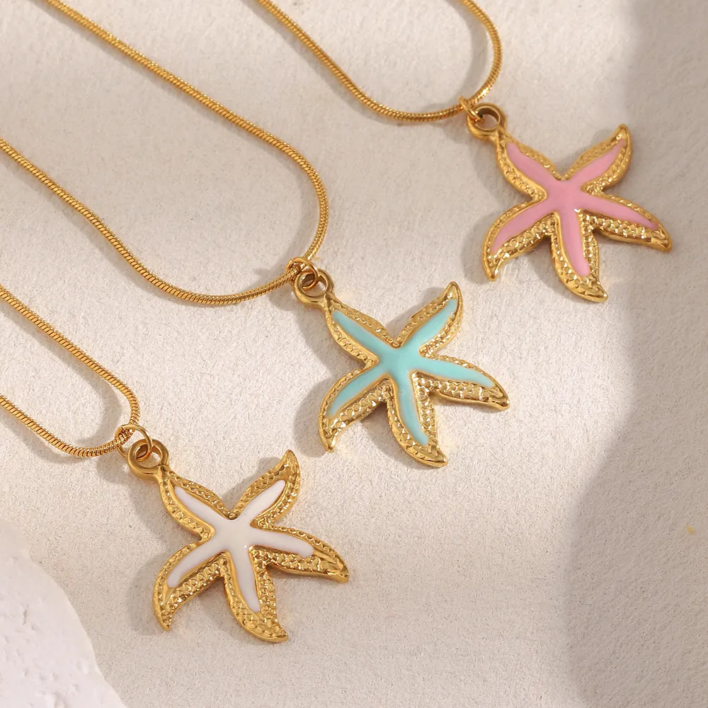 Starfish Pendant Necklace 18K Gold Plated Stainless Steel Enamel Ocean Summer Beach Jewelry For Women