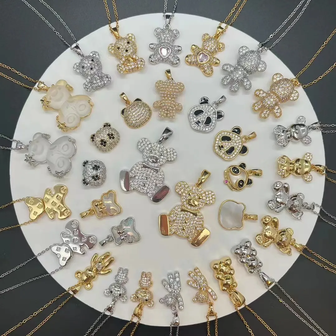 Cute Bear And Rabbit Pendants Copper Gold Plated With Zircon And Faux Artificial Pearl DIY Jewelry Making Accessories For Necklace