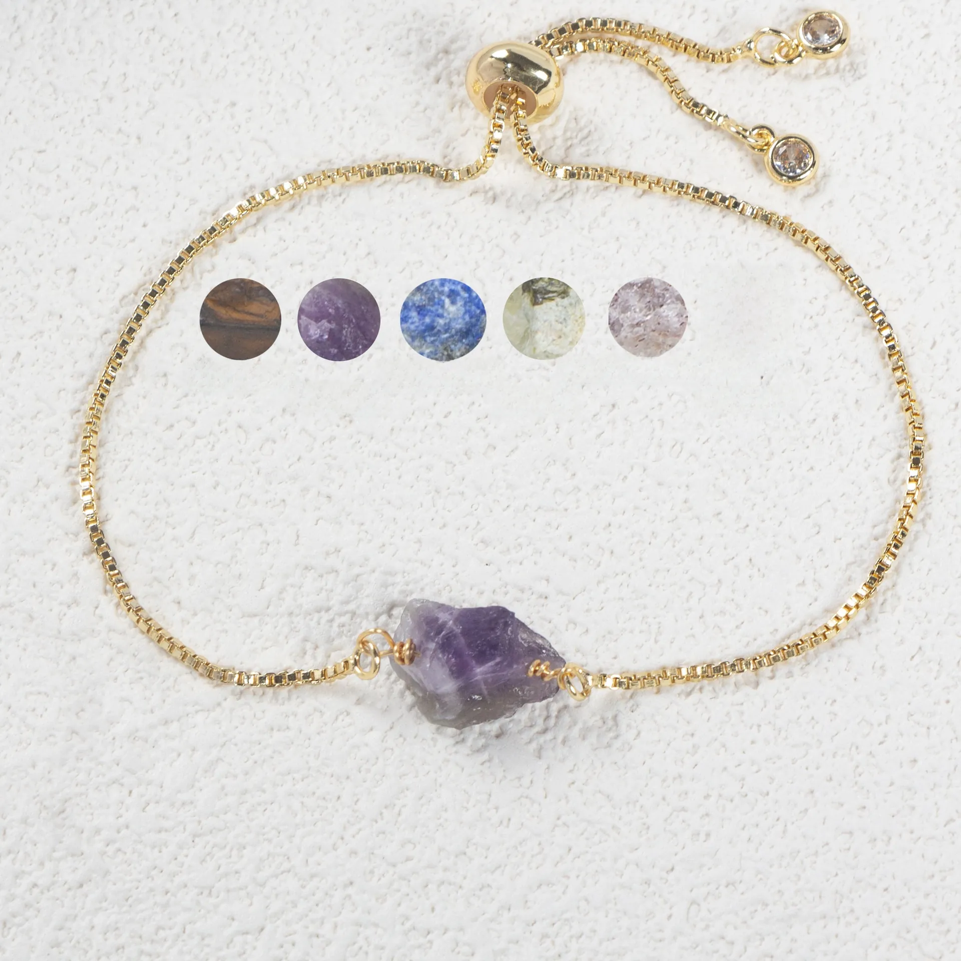Adjustable Natural Raw Gemstone Bracelet Stainless Steel Gold Plated Box Chain Boho Healing Crystal Jewelry Women