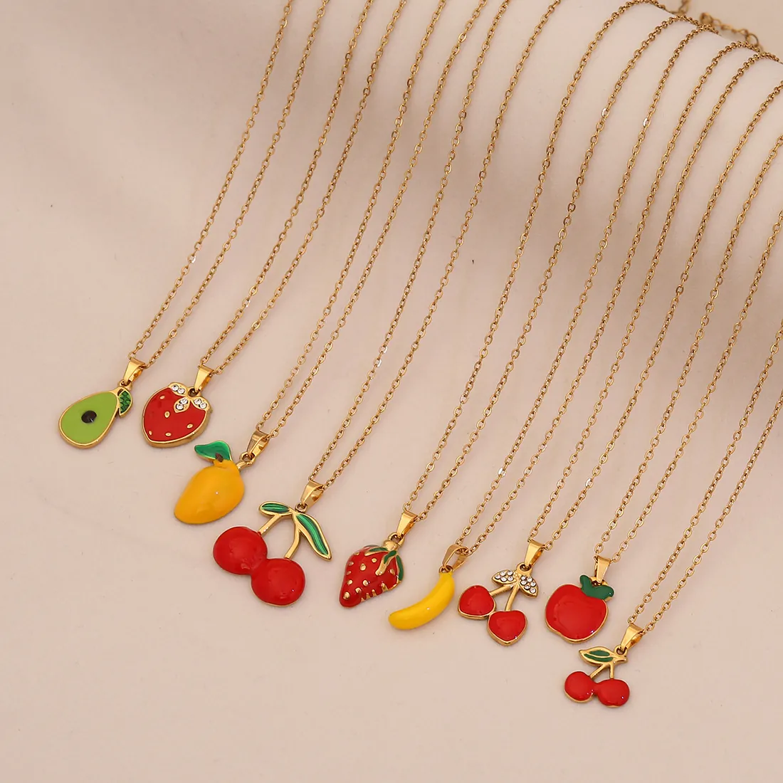 Collana Con Ciondolo Frutta Carina Acciaio Inossidabile Smalto Strass Ciliegia Fragola Avocado Banana Mela Gioielli Per Donne