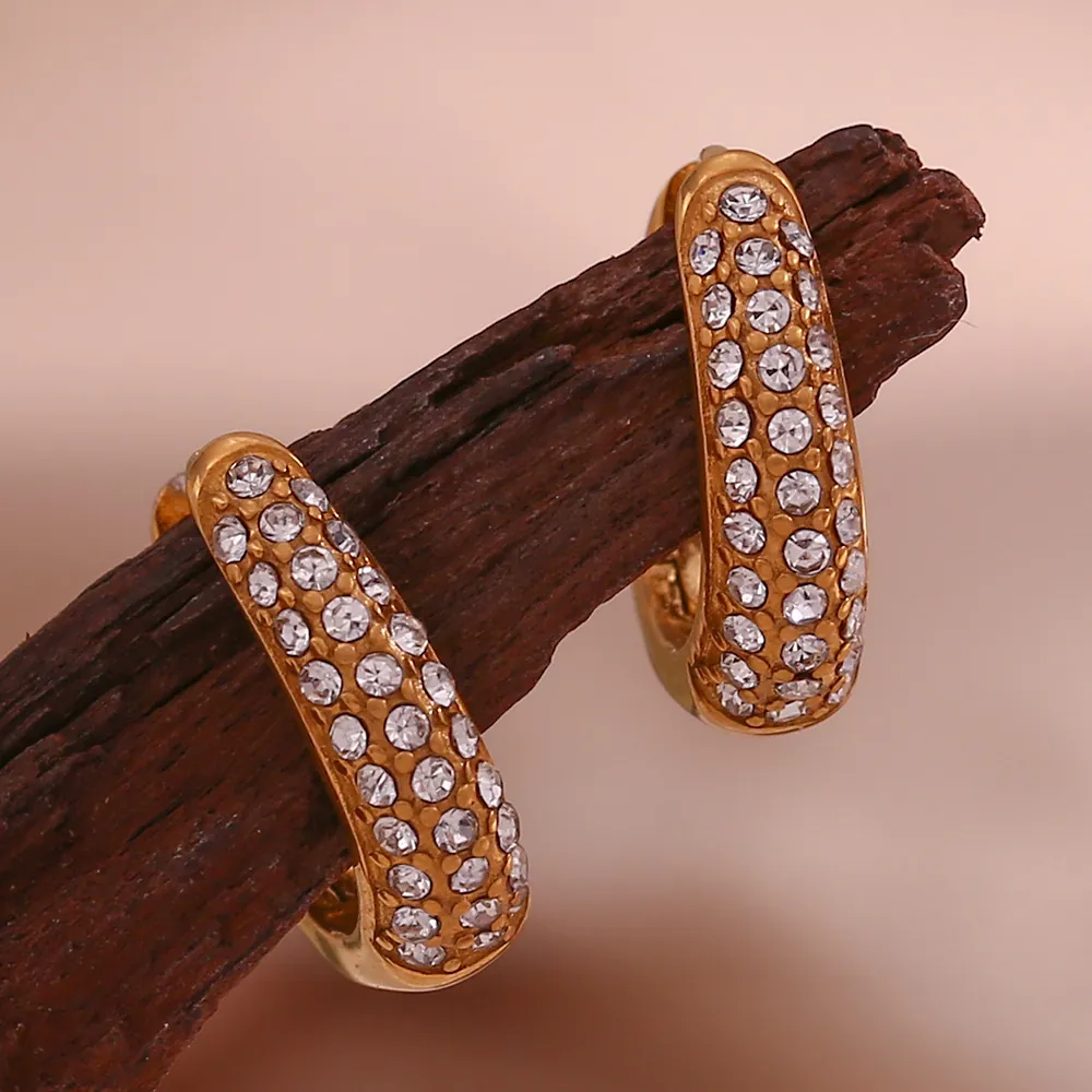 Minimalist Stainless Steel Gold Plated Hoop Earrings For Women Micro Pave Rhinestone Pear Shaped Ear Buckle Jewelry Gift