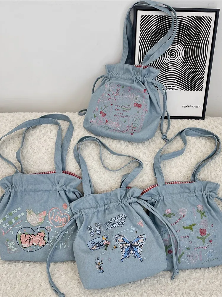 Denim Shoulder Bag With Embroidery Butterfly Heart Cherry Drawstring Closure Gingham Lining Retro Tote For Women